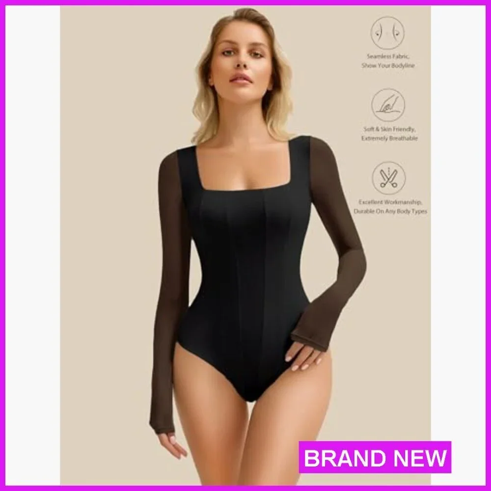Long Sleeve Mesh Bodysuit Square Neck Elegant Y2K Chic Club Top Snap Closure